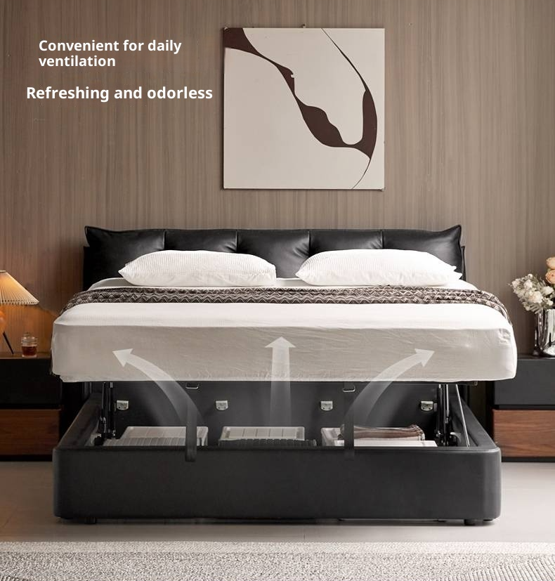 Genuine Leather Black Light Luxury Box Bed