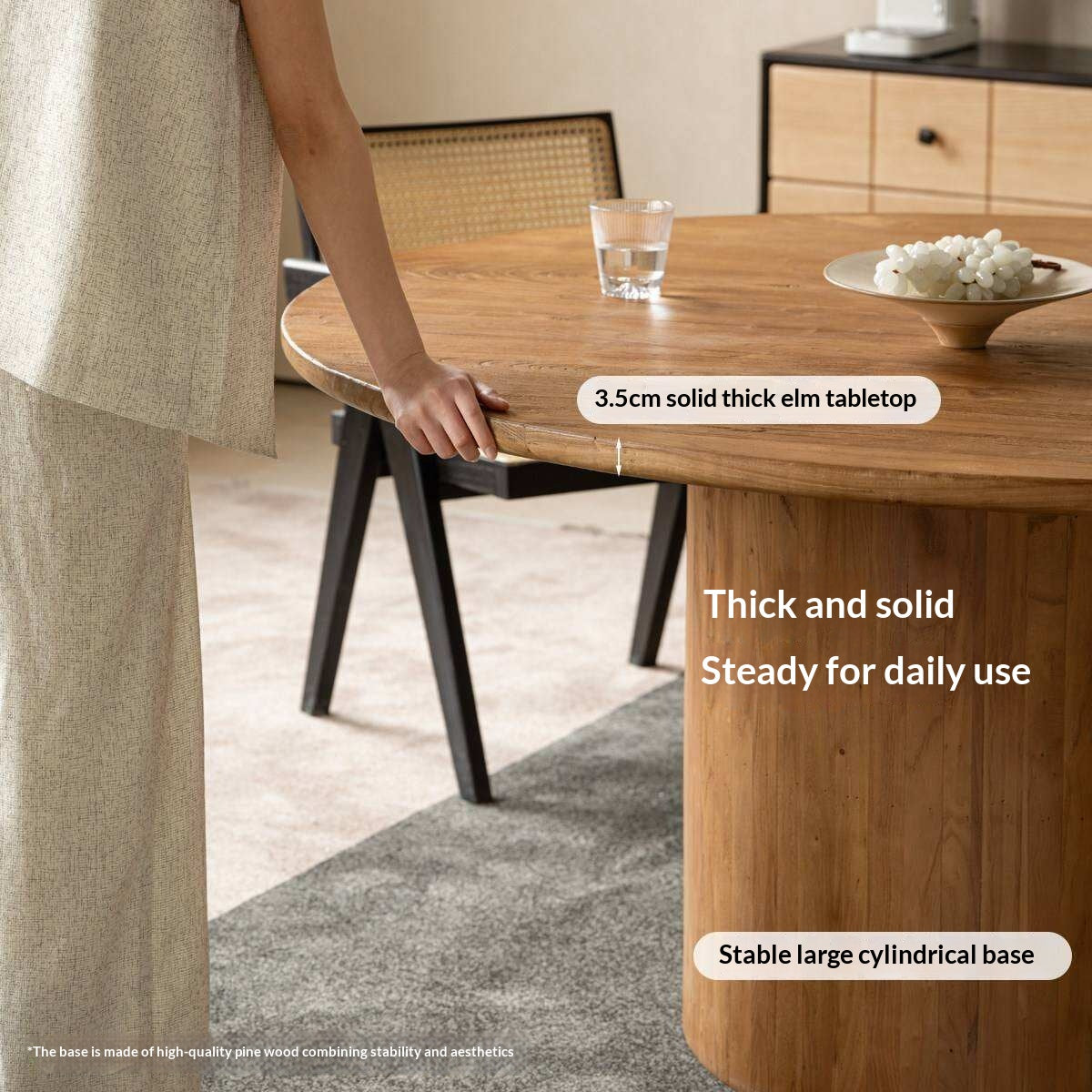 Elm Solid Wood Round Dining Table with Modern Minimalist Design