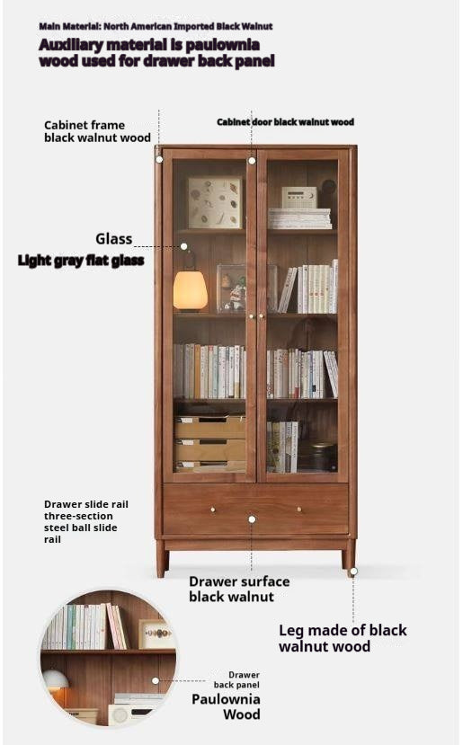 Black Walnut Solid Wood Bookcase With Glass Door