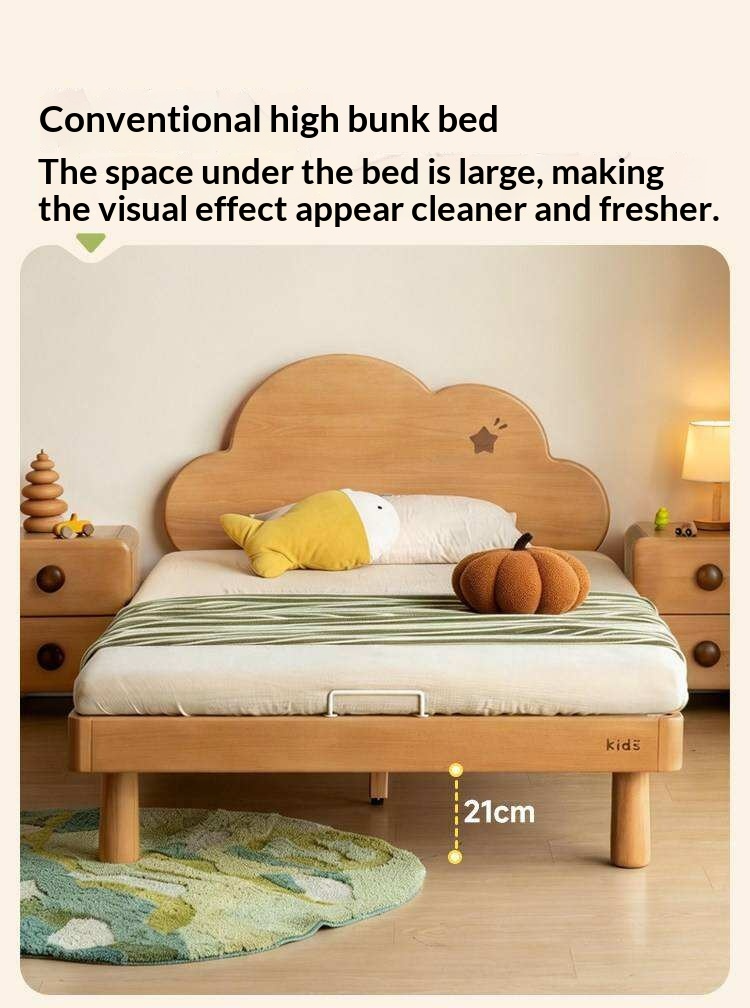 Beech Solid Wood Kids Montessori Platform Bed with Cloud Headboard