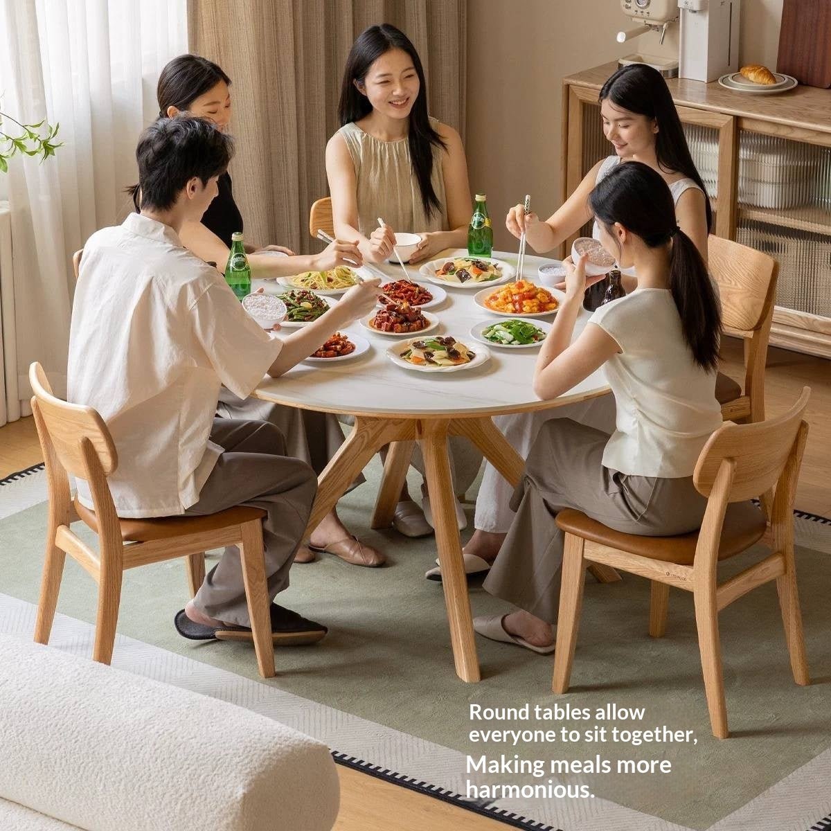 Oak Solid Wood Round Dining Table with Optional Sintered Stone Top and Chairs