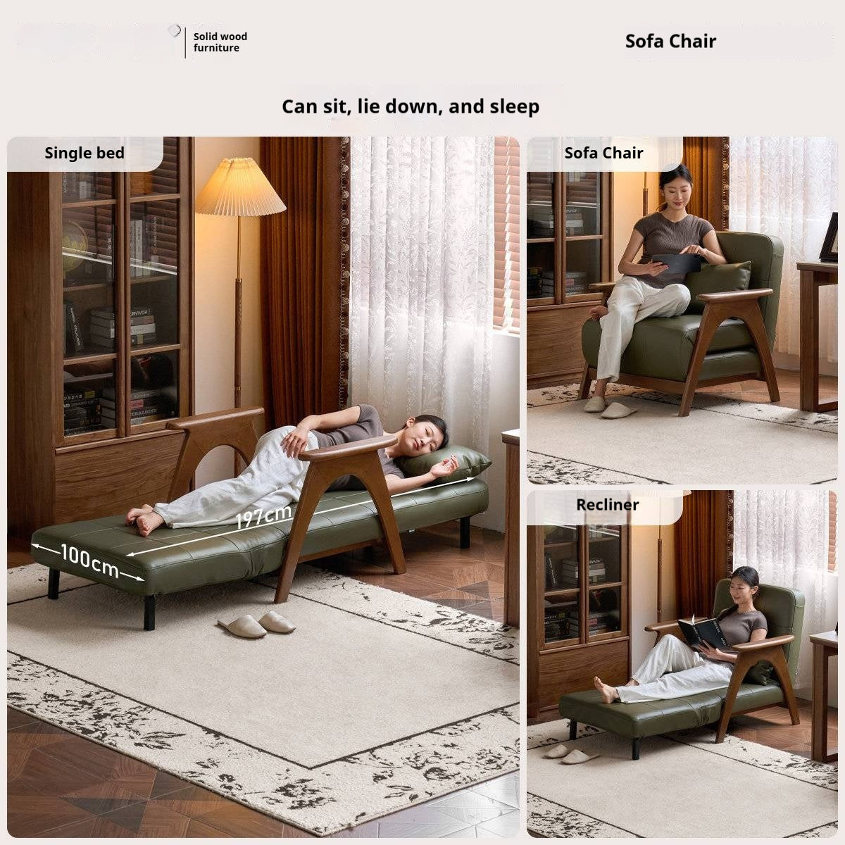Oak Solid Wood A-Frame Accent Chair with Adjustable Backrest and Sleeper Function