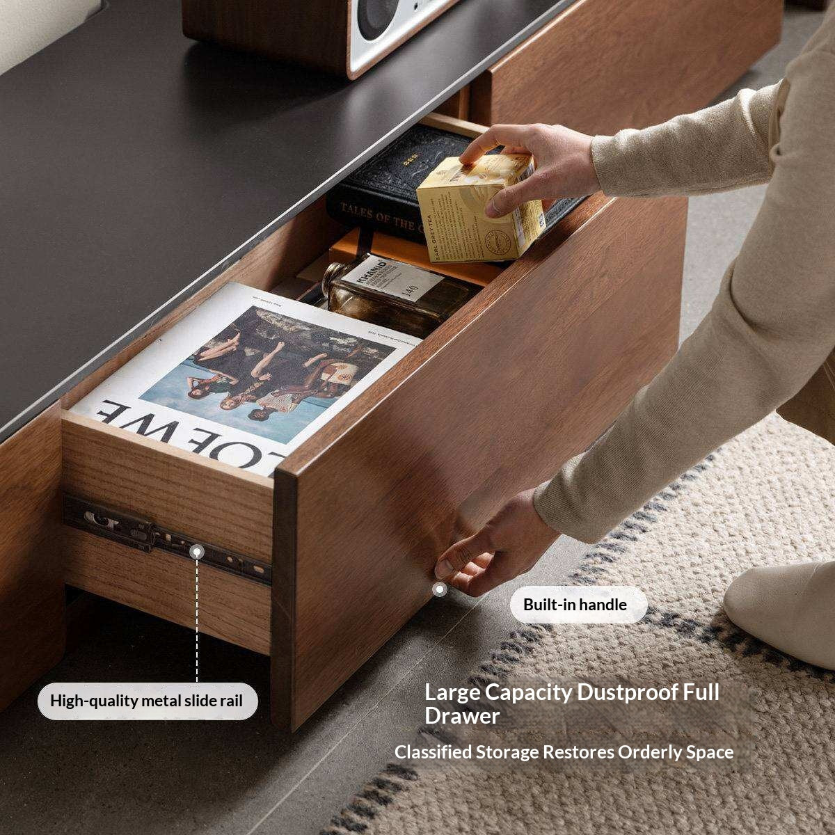 Catalpa Solid Wood TV Cabinet with Storage Drawers, Media Console with Slate Top