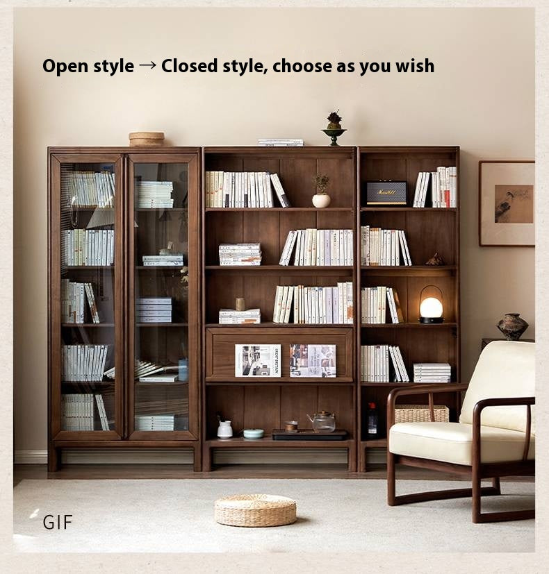 Black Walnut, Oak Solid Wood Nordic Bookcase with Glass Door