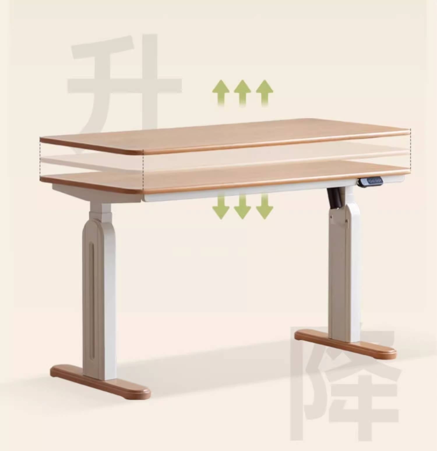 Beech Solid Wood Cream Style Study Electric Lift Desk.
