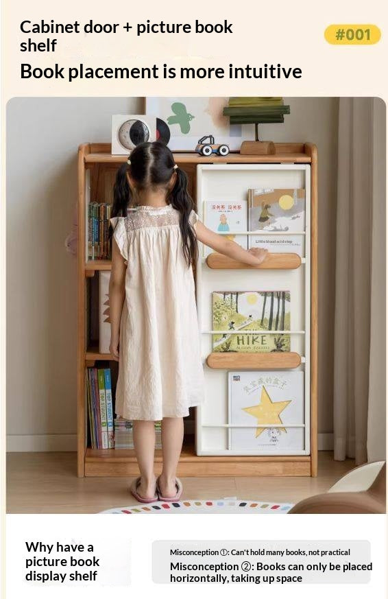 Solid Rubberwood Children's Bookcase with Sliding Doors and Toy Storage