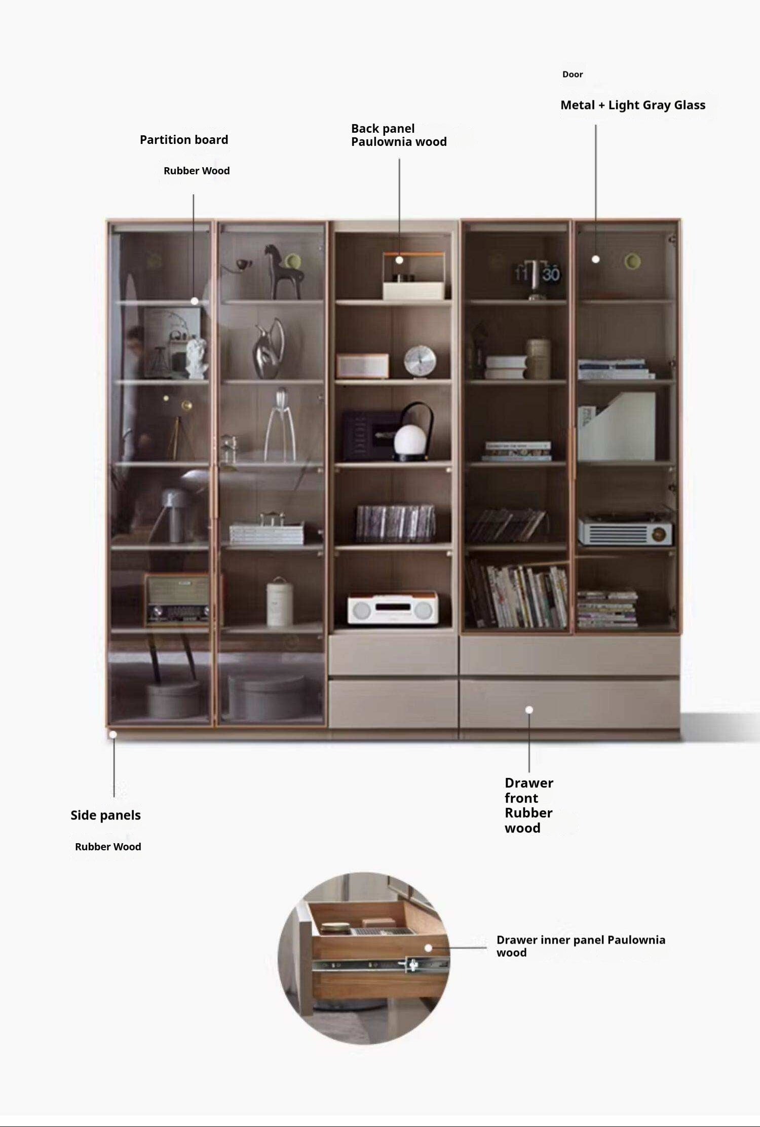 Solid RubberWood Combination Bookcase, Glass Door Cabinet