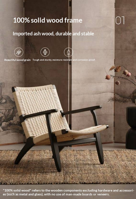 Ash Solid Wood Woven Rope Lounge Chair with Backrest
