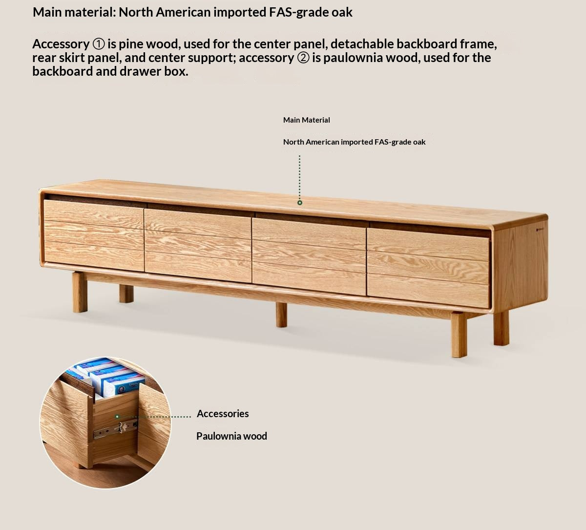 Oak Solid Wood Scandinavian TV Console with Two-Tone Color Block Doors
