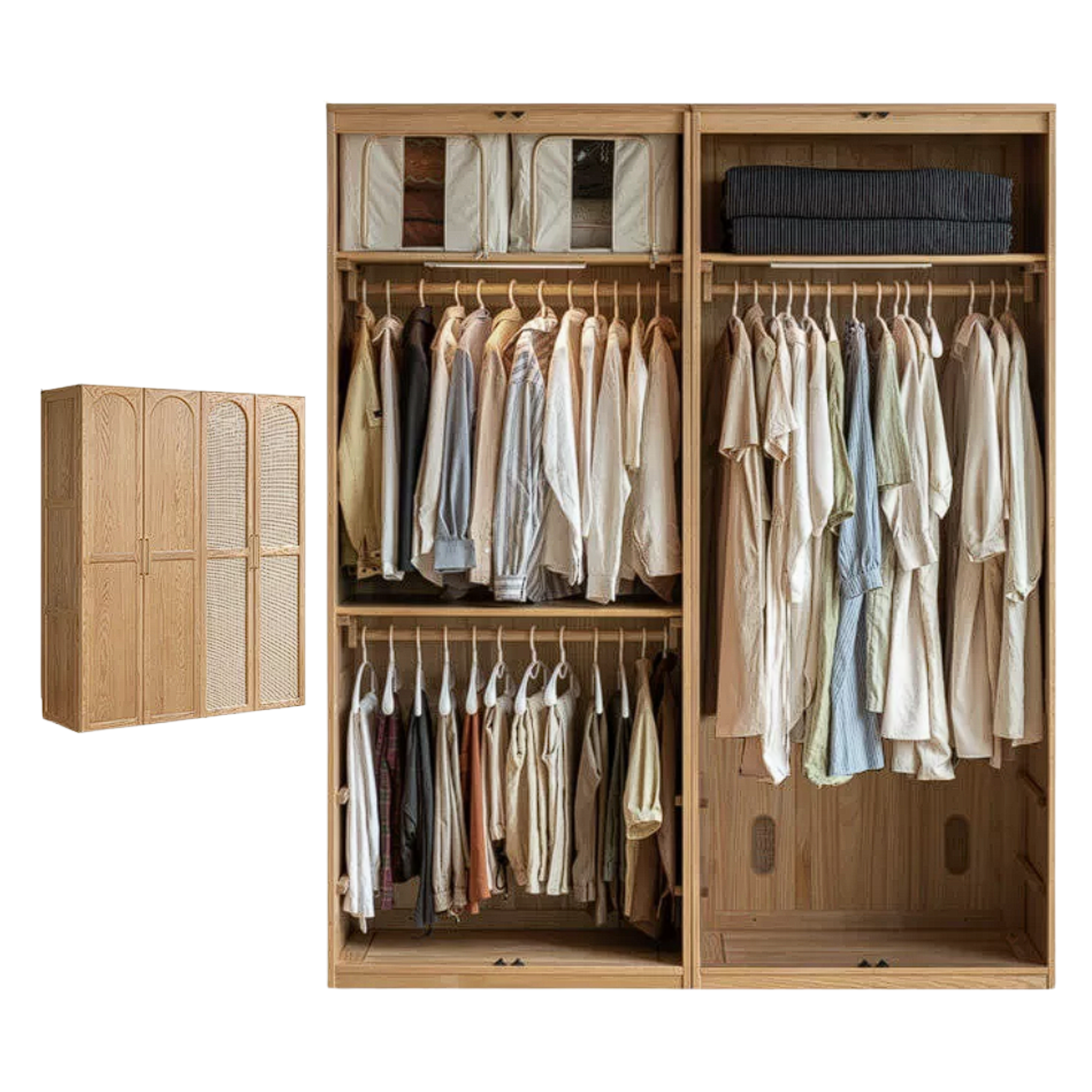 Oak Solid Wood Rattan Door Floor Wardrobe
