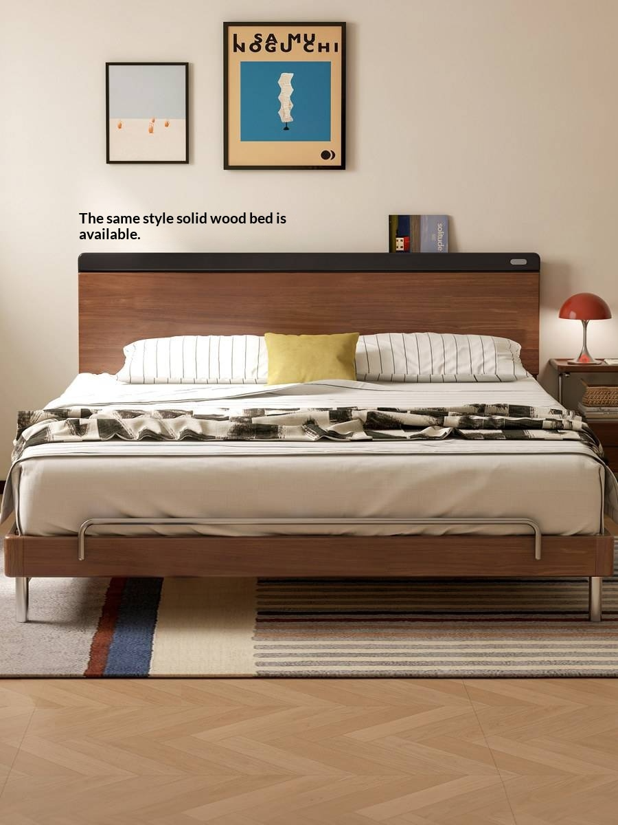 Golden Rosewood Solid Wood Bauhaus Storage Bed with Full Lift-Up Storage Box and Color-Block Headboard