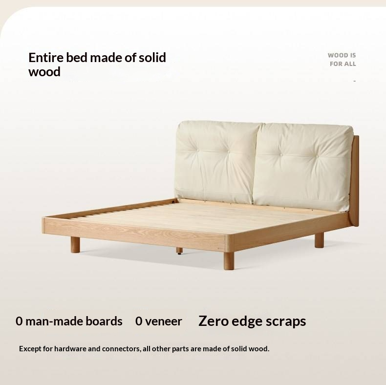 Oak Solid Wood Bed — Modern Minimalist, Genuine Leather Upholstered, Floating Design with Light