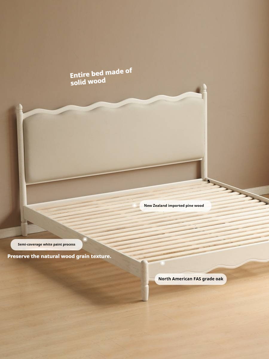 Rubberwood Solid Wood Upholstered Bed Retro Style White Bed