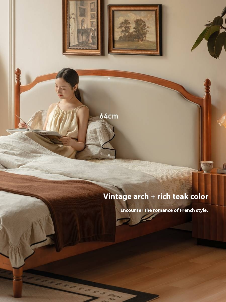 Poplar Solid Wood Bed – French Retro Design with Soft Fabric Upholstery