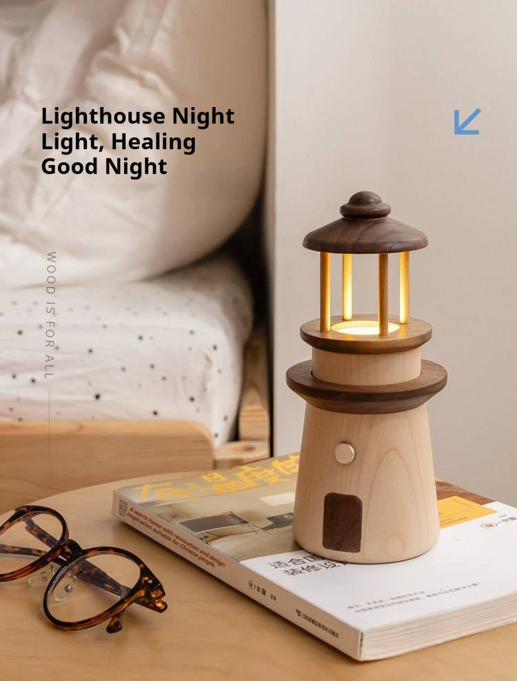 Black Walnut, Maple Solid WoodLighthouse Night Light for Bedroom and Bedside