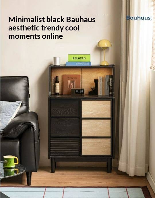 Oak Solid Wood Bauhaus Style Bar Cabinet with Sliding Doors