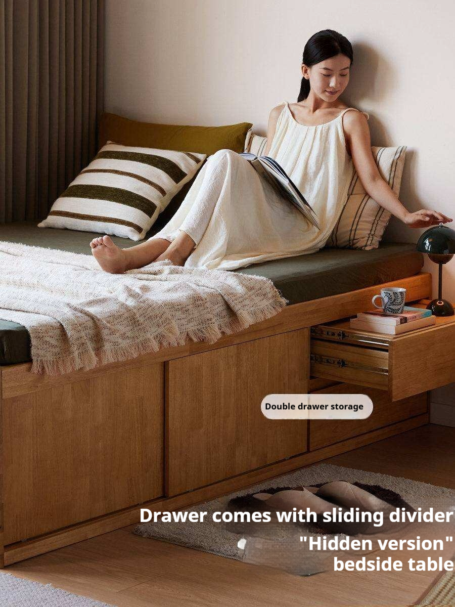 Rubberwood Solid Wood Low Platform Storage Bed with Side Drawers