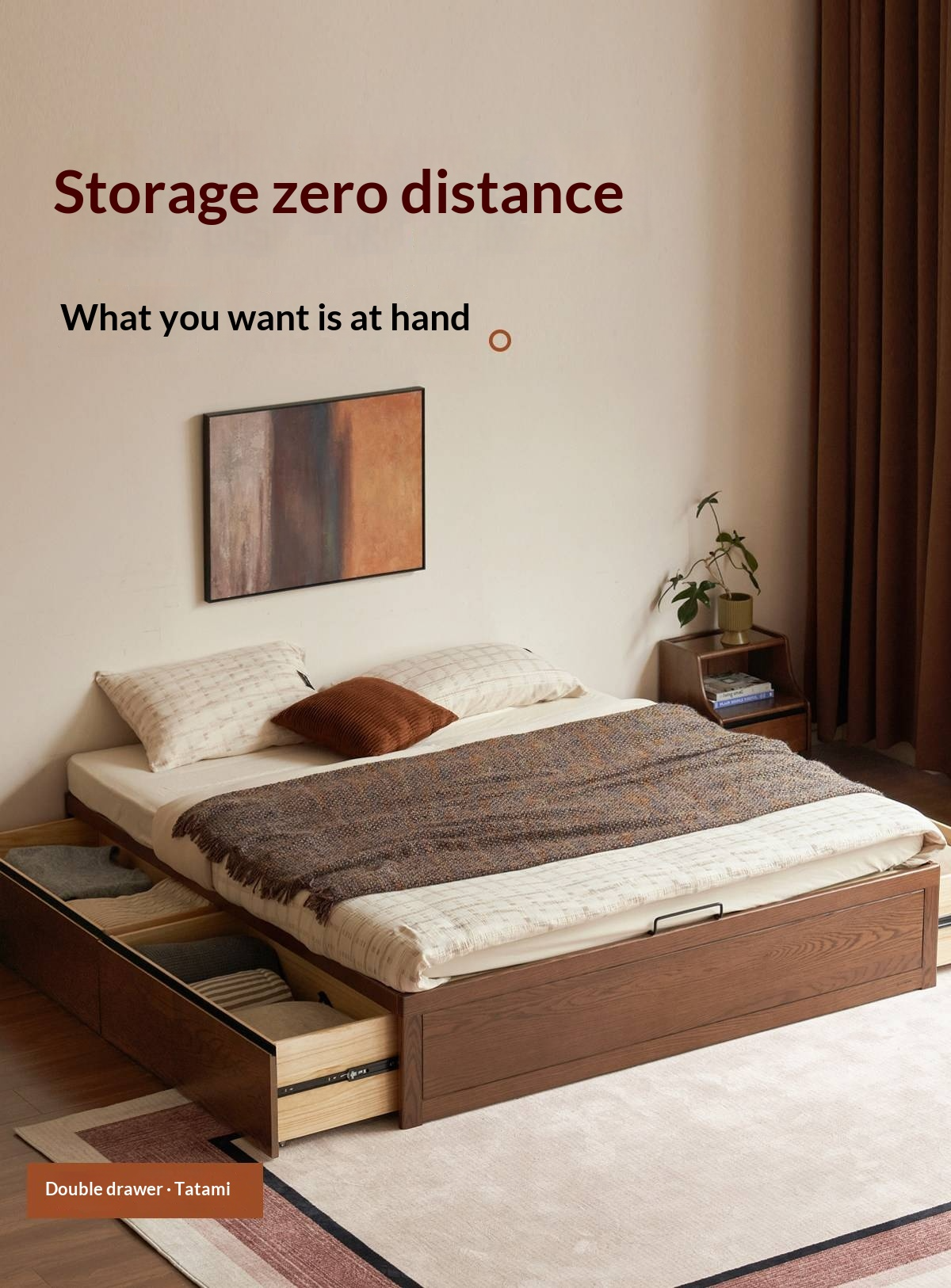 Oak Solid Wood Storage Platform Bed with Drawers, Walnut Color