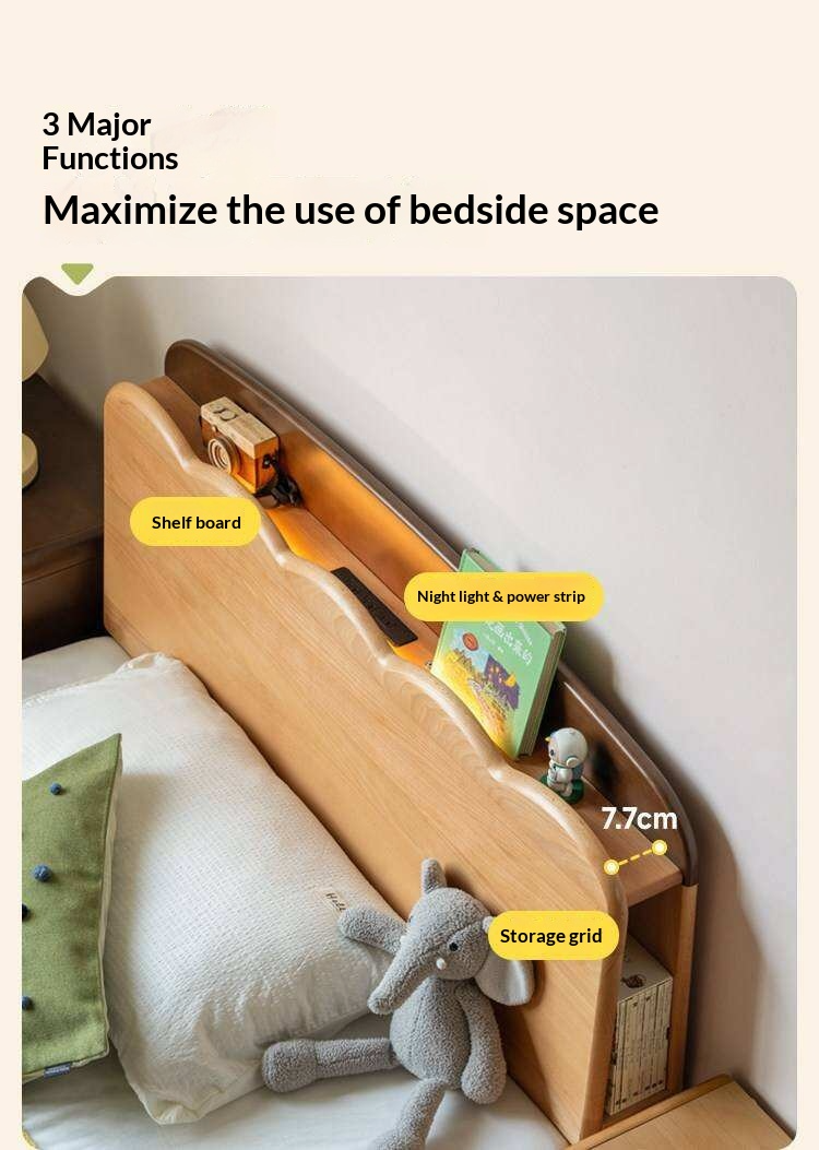Beech Solid Wood Kids Bed with Scalloped Headboard and Hidden Storage