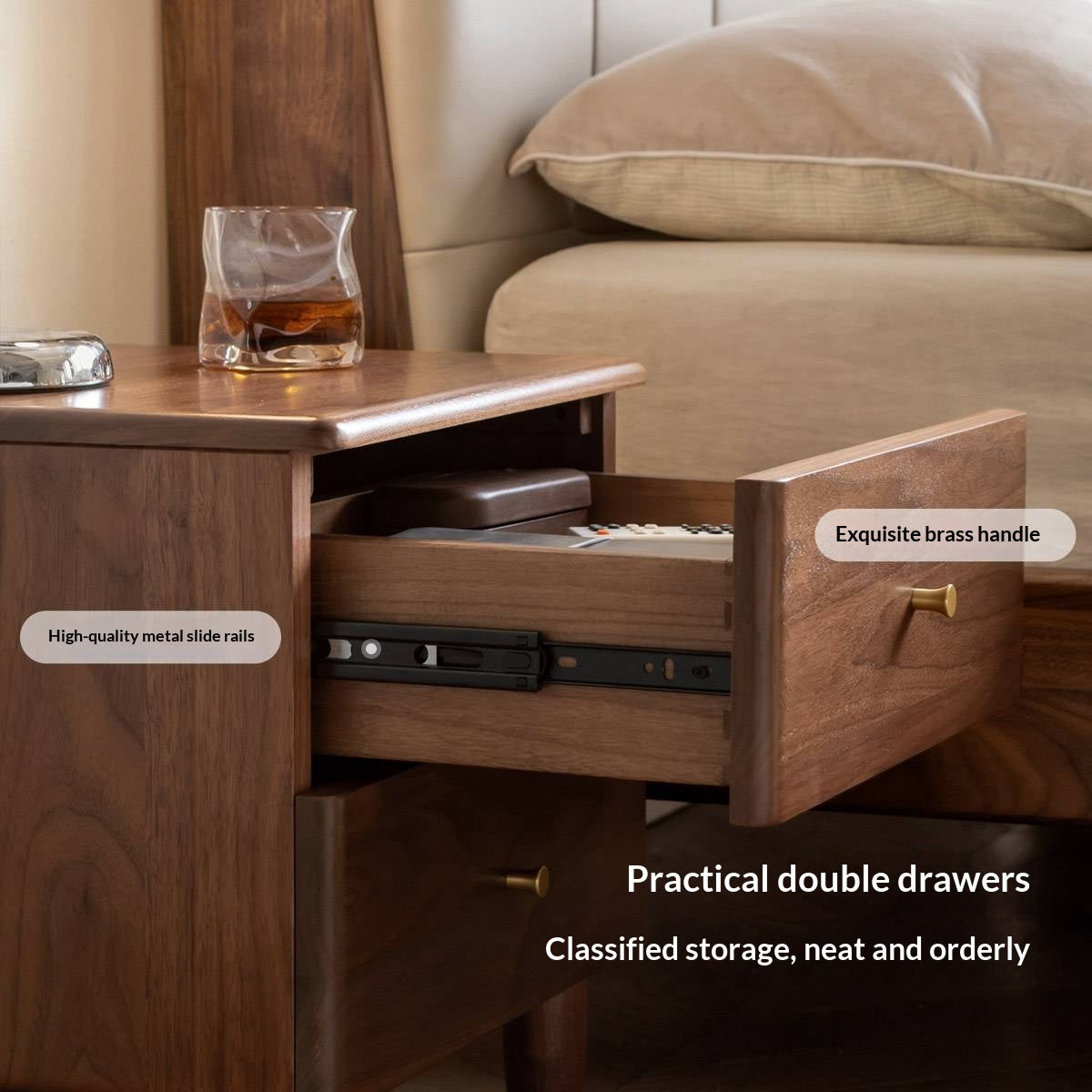 Black Walnut Solid Wood Italian Light Luxury Style Nightstand