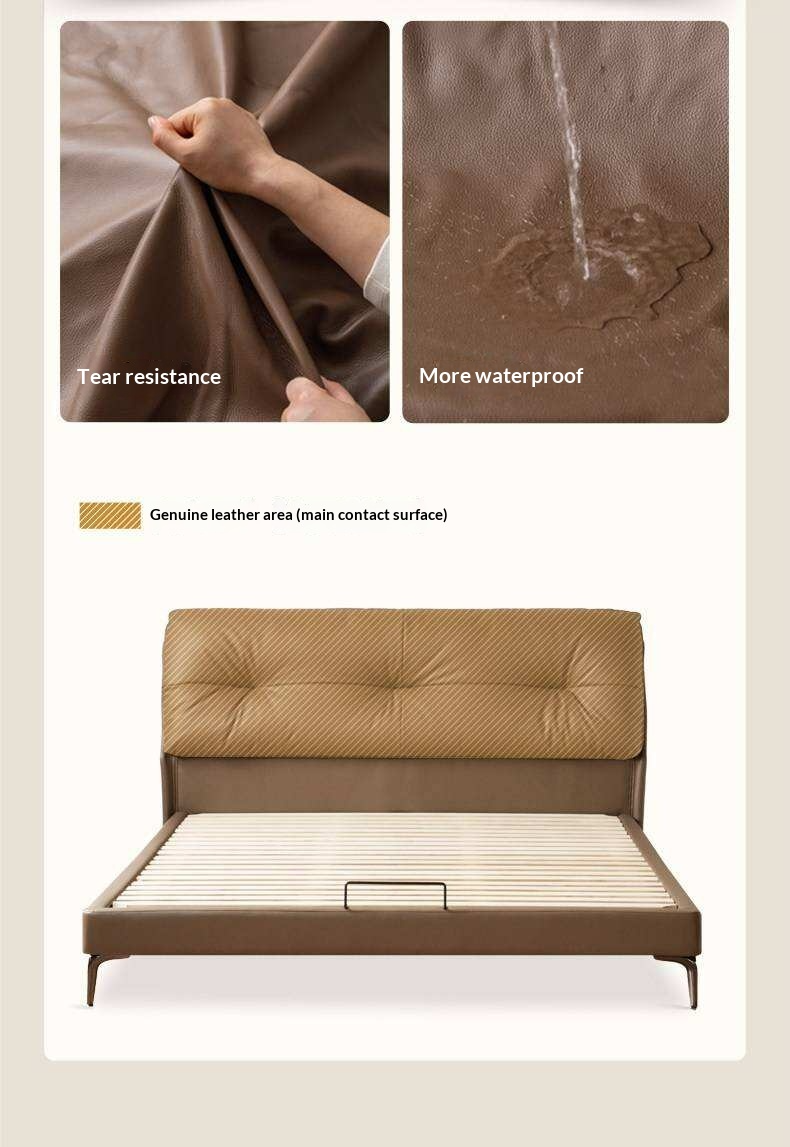 Genuine Leather Platform Bed with Curved Tufted Headboard and Tapered Metal Legs