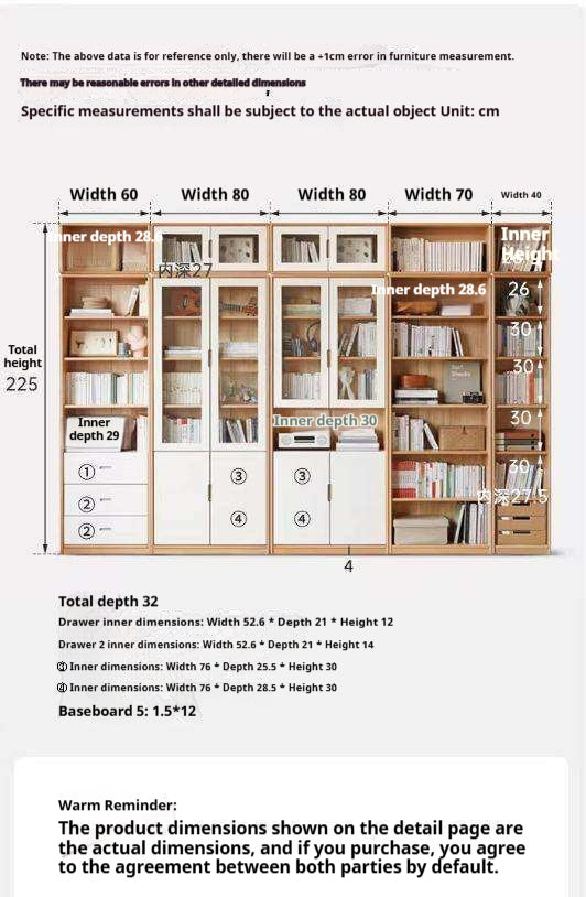 European Beech, Oak Solid Wood Floor-Standing Bookshelf with Glass Door Display