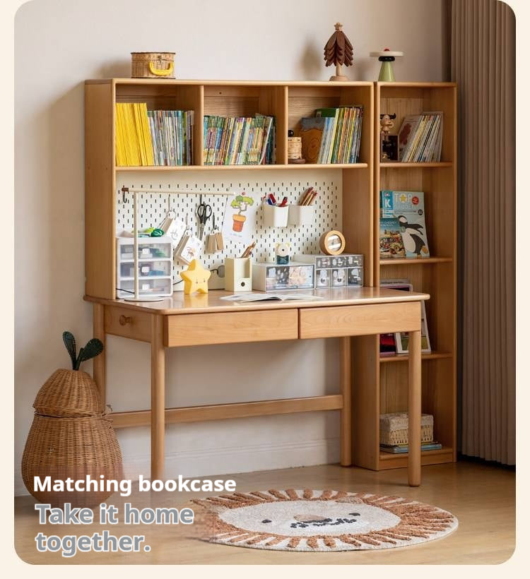 Beech, Oak Solid Wood Writing Desk with Bookshelf Hutch and Organizer Panel