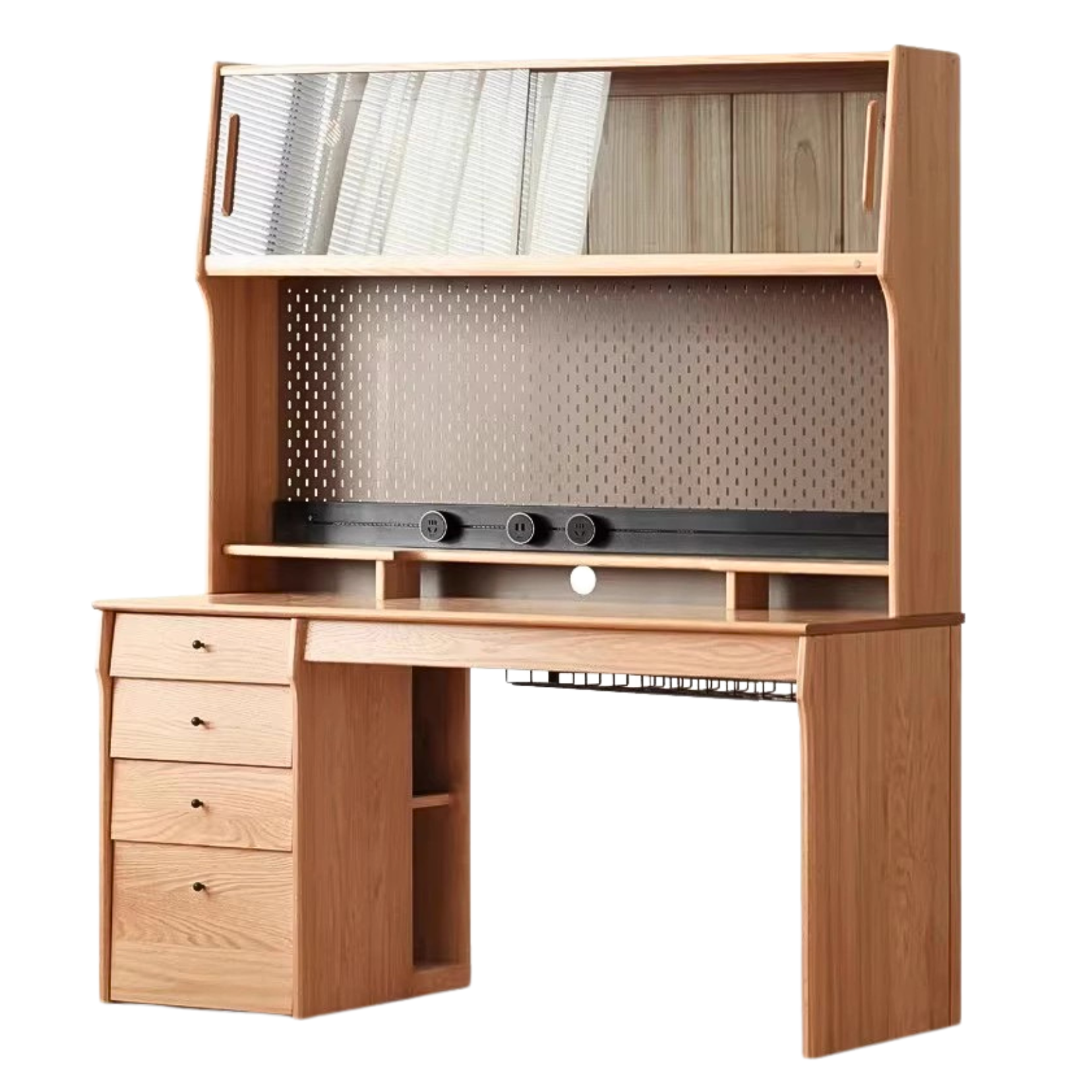 Oak, Cherry Solid Wood Desk Bookshelf Integrated Warm Light