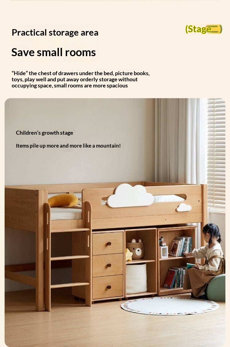 Beech Solid Wood Children's Loft Bed with Under-Table and Storage