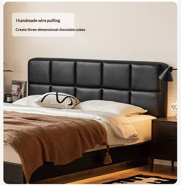 Oak Solid Wood Genuine Leather Upholstered Box Bed Retro Black Floating Bed