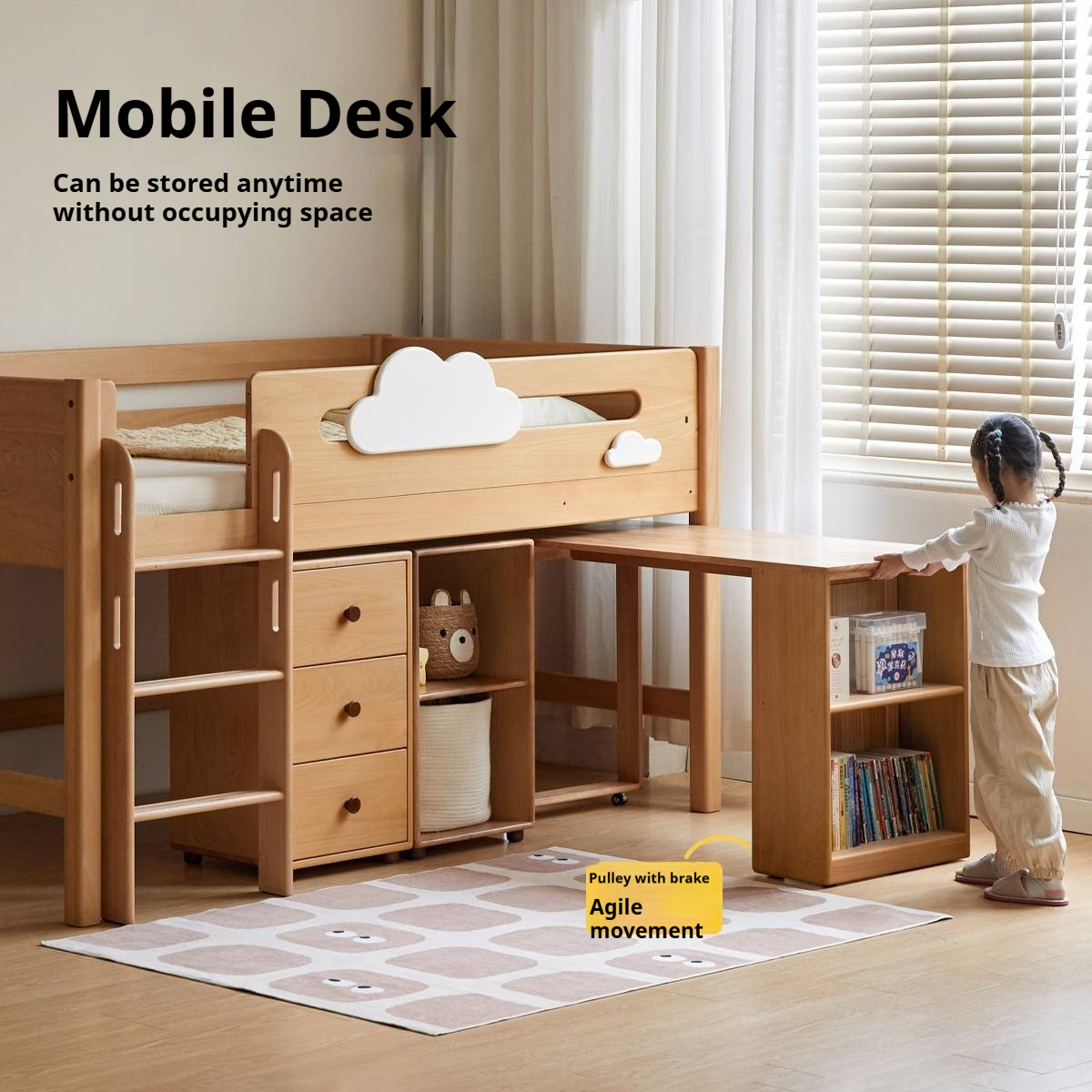 Beech Solid Wood Children's Loft Bed with Under-Table and Storage