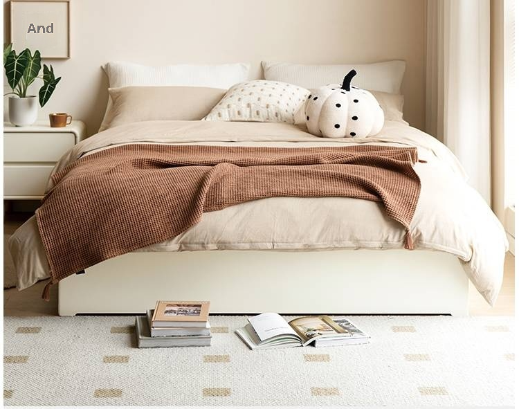 Rubberwood Solid Wood Platform Bed, Headboard-Free Box Bed Cream Style