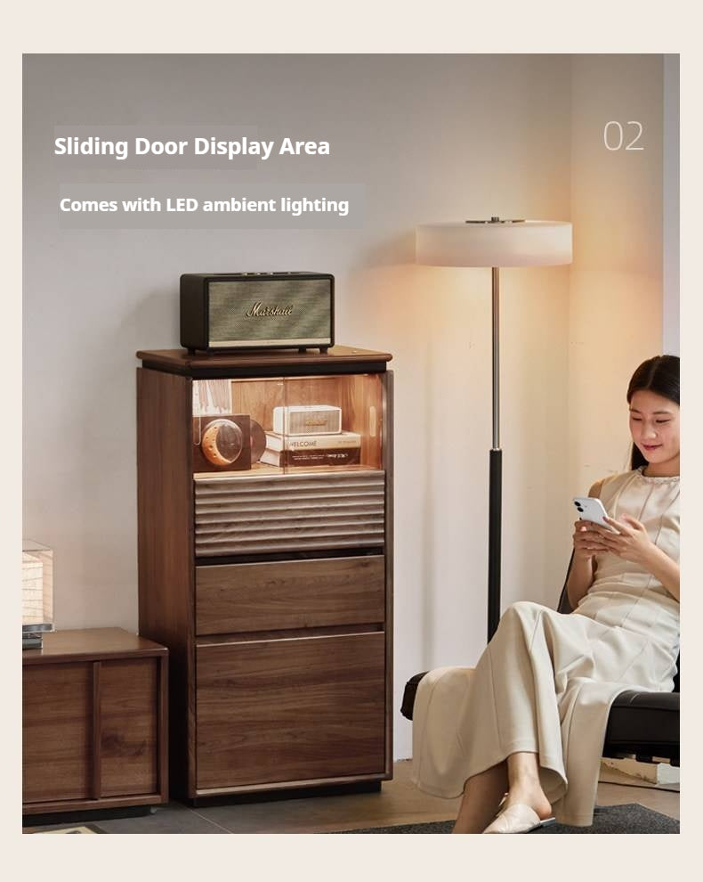 Black Walnut, Ash, Oak Solid Wood Tall Side Cabinet with Louvered Sliding Door and LED Lighting