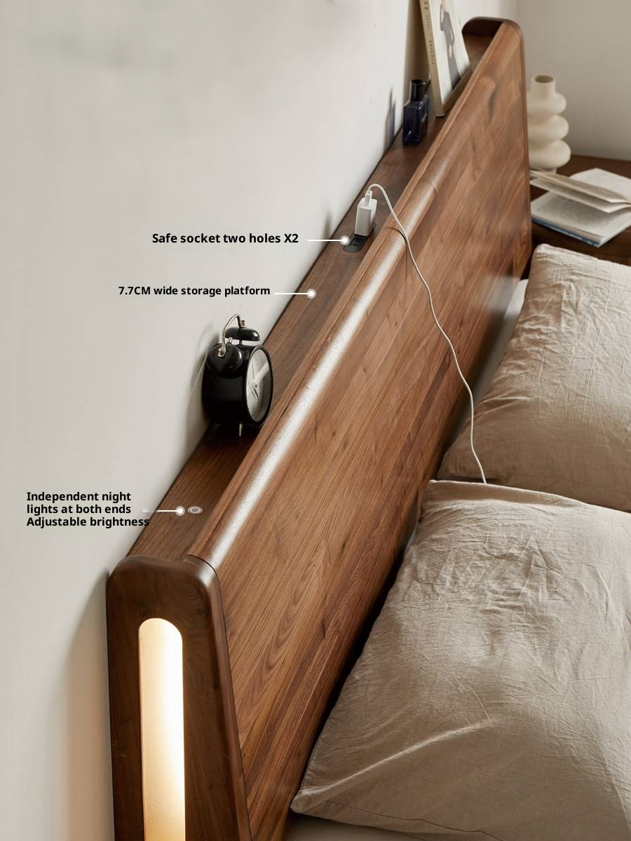 Black Walnut Solid Wood suspended bed with Ambient LED Headboard Lighting