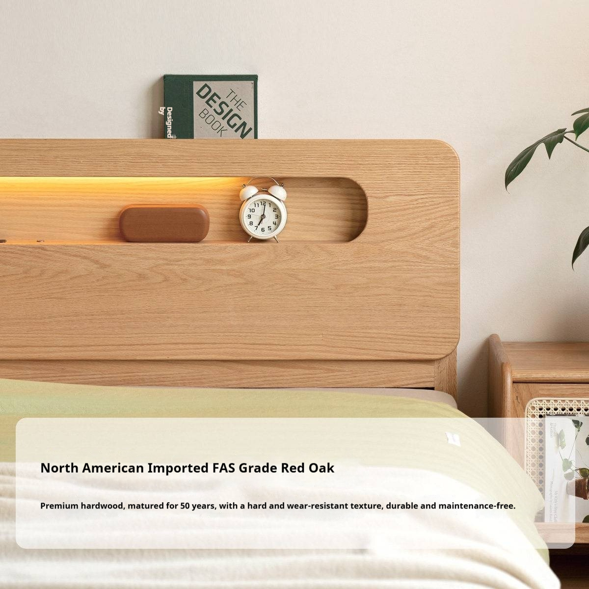 Oak Solid Wood Bed — Nordic Style with Socket and Storage