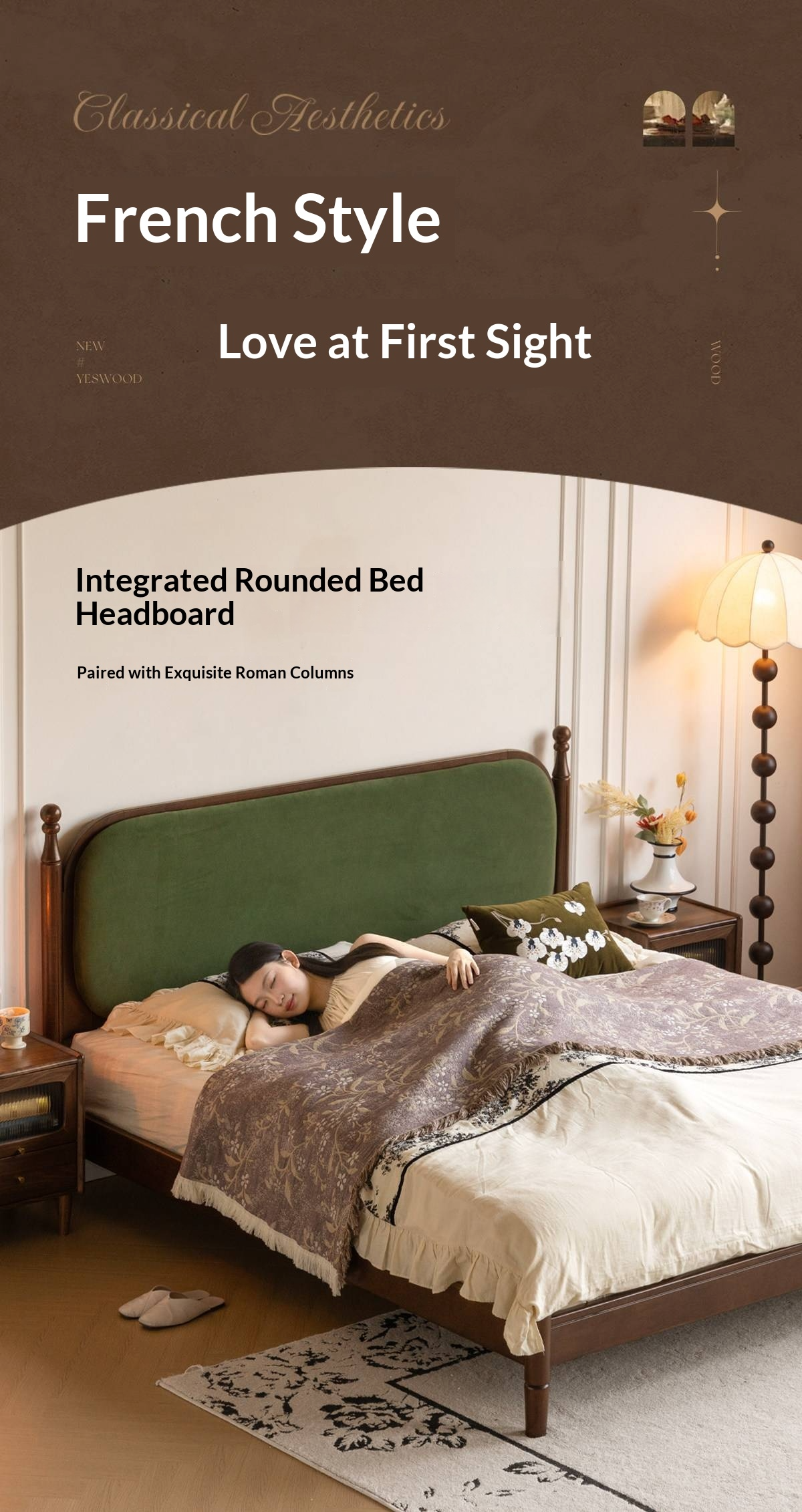 Rubberwood Solid Wood Four Poster Upholstered Bed with Adjustable Headboard
