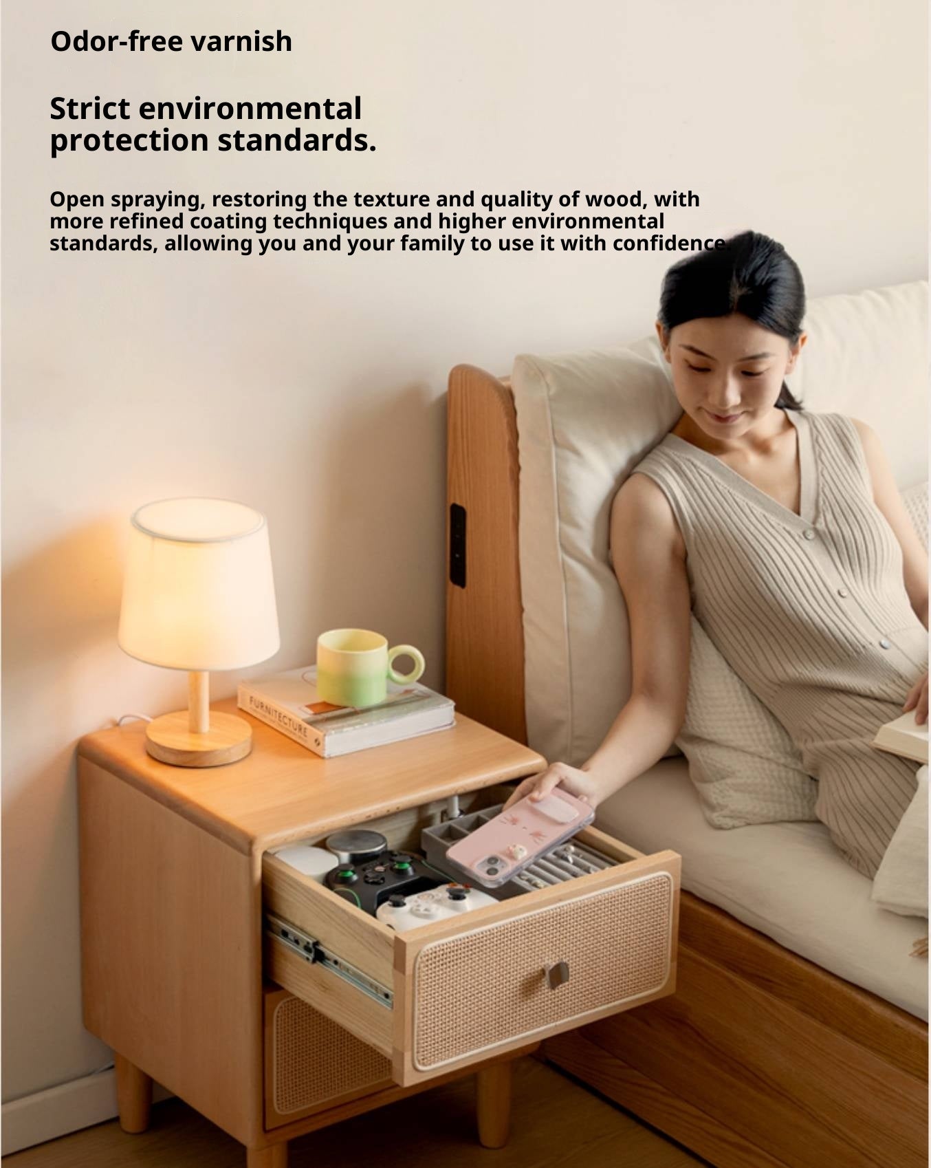 Beech Solid Wood Rattan Log Style Nightstand