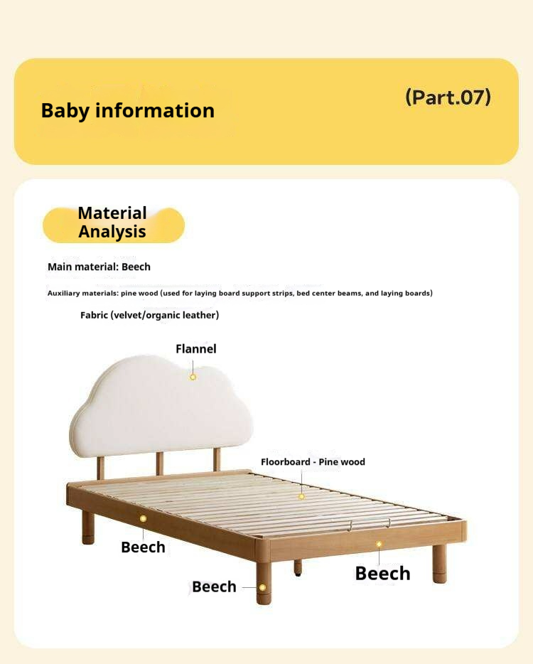 Beech Solid Wood Upholstered Kids Bed with Cloud-Shaped Headboard