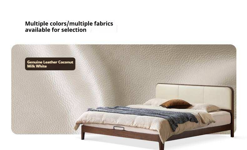 Oak, RubberWood Solid Wood Bed with Modern Minimalist Genuine Leather Technology Fabric, Upholstery