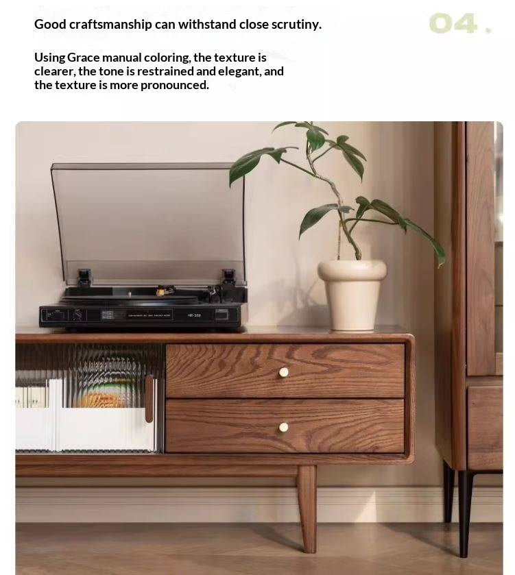 Oak, Solid Rubberwood, Beech Solid Wood TV Stand Glass Sliding Door