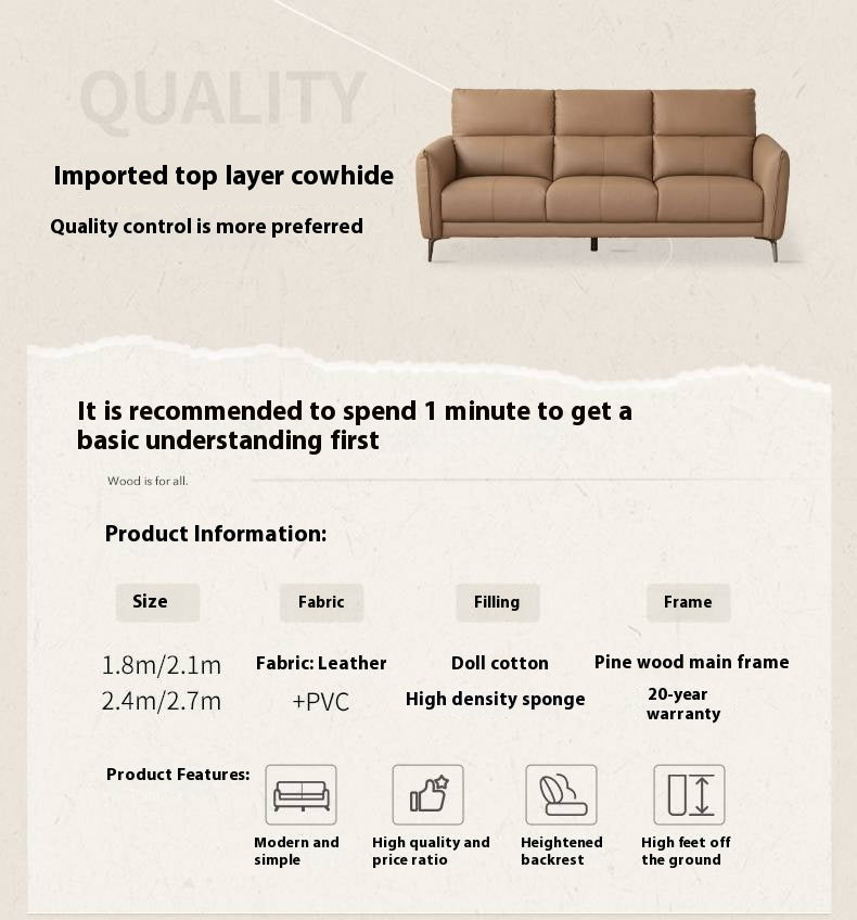 Genuine Leather High-Back Modern Sofa