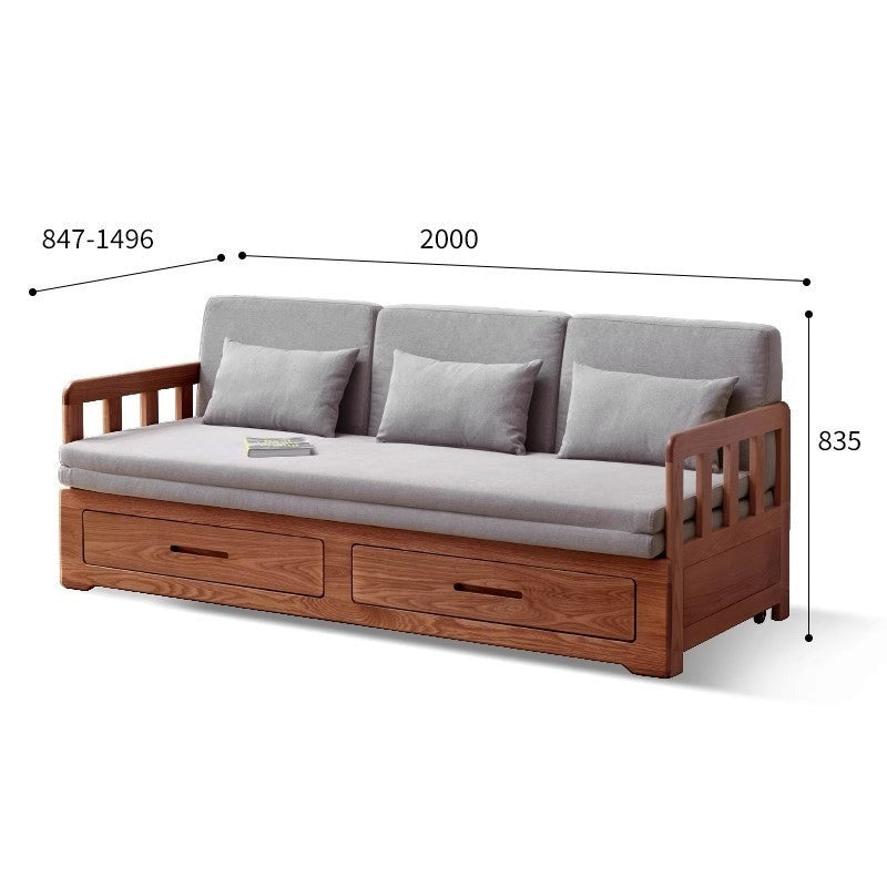 Oak Solid Wood Sofa Bed Folding Retractable Storage.