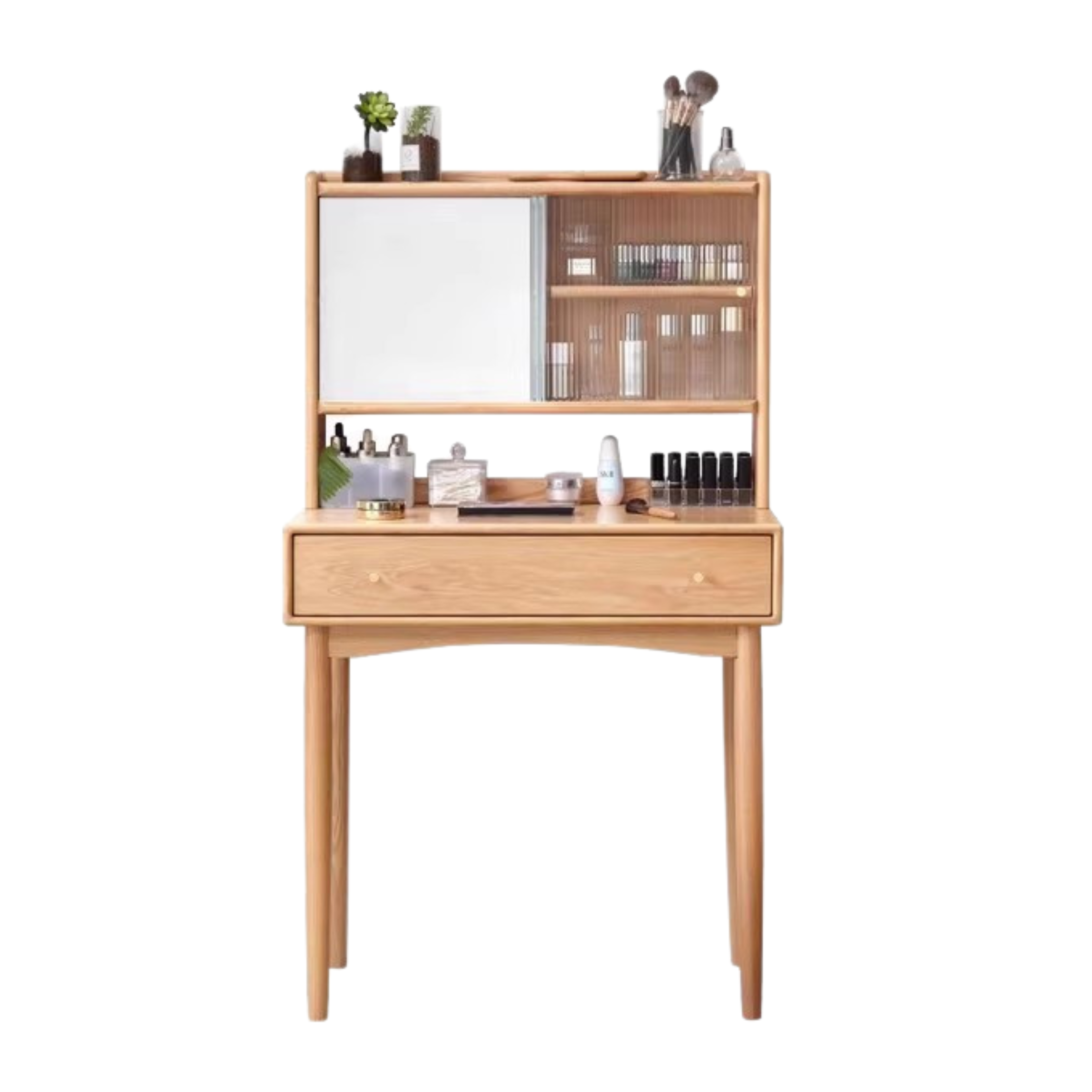 Oak Solid Wood, Solid Rubberwood Vanity Table Hidden Makeup Mirror.