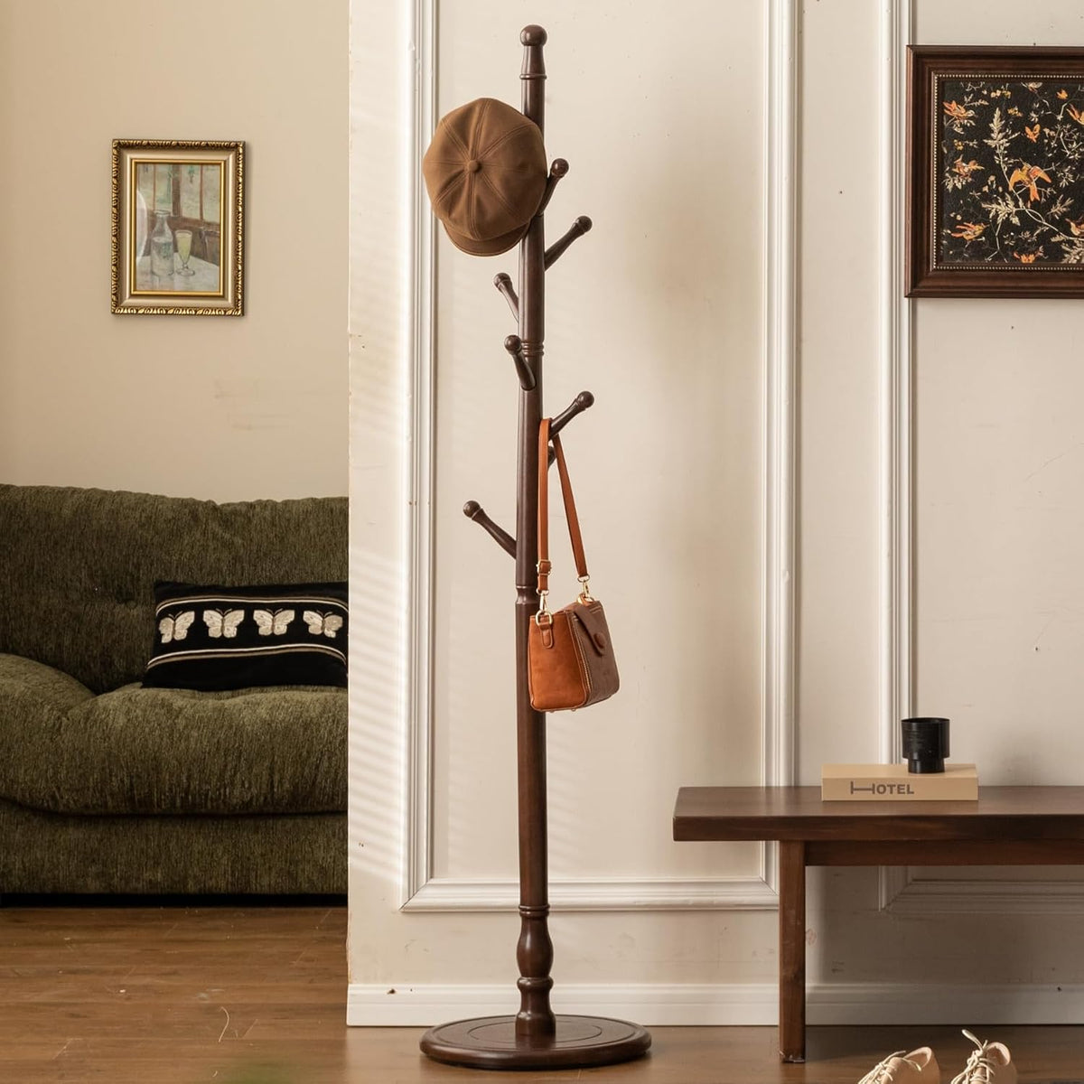 Solid Rubberwood Coat Rack Stand with 8 Hooks