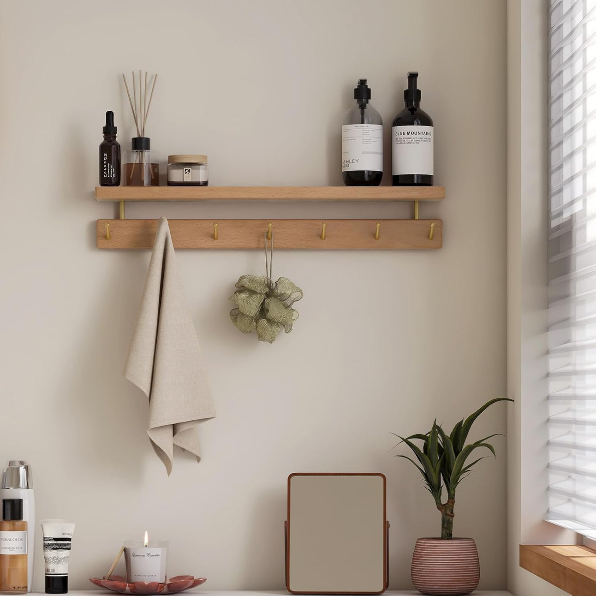 Beech Solid Wood Wall Mounted Coat Rack with Shelf