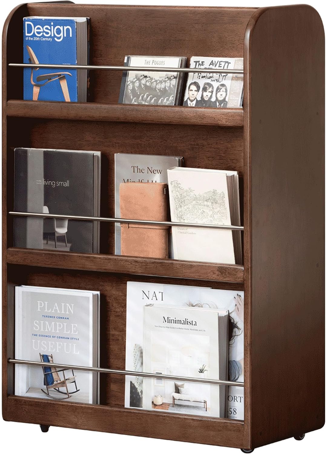 Rubberwood Solid Wood Rolling Bookcase with Wheels, Walnut
