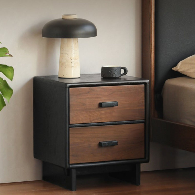 Black Walnut + Oar Solid Wood Two-Tone 2-Drawer Nightstand with Black Legs and Bar Pulls