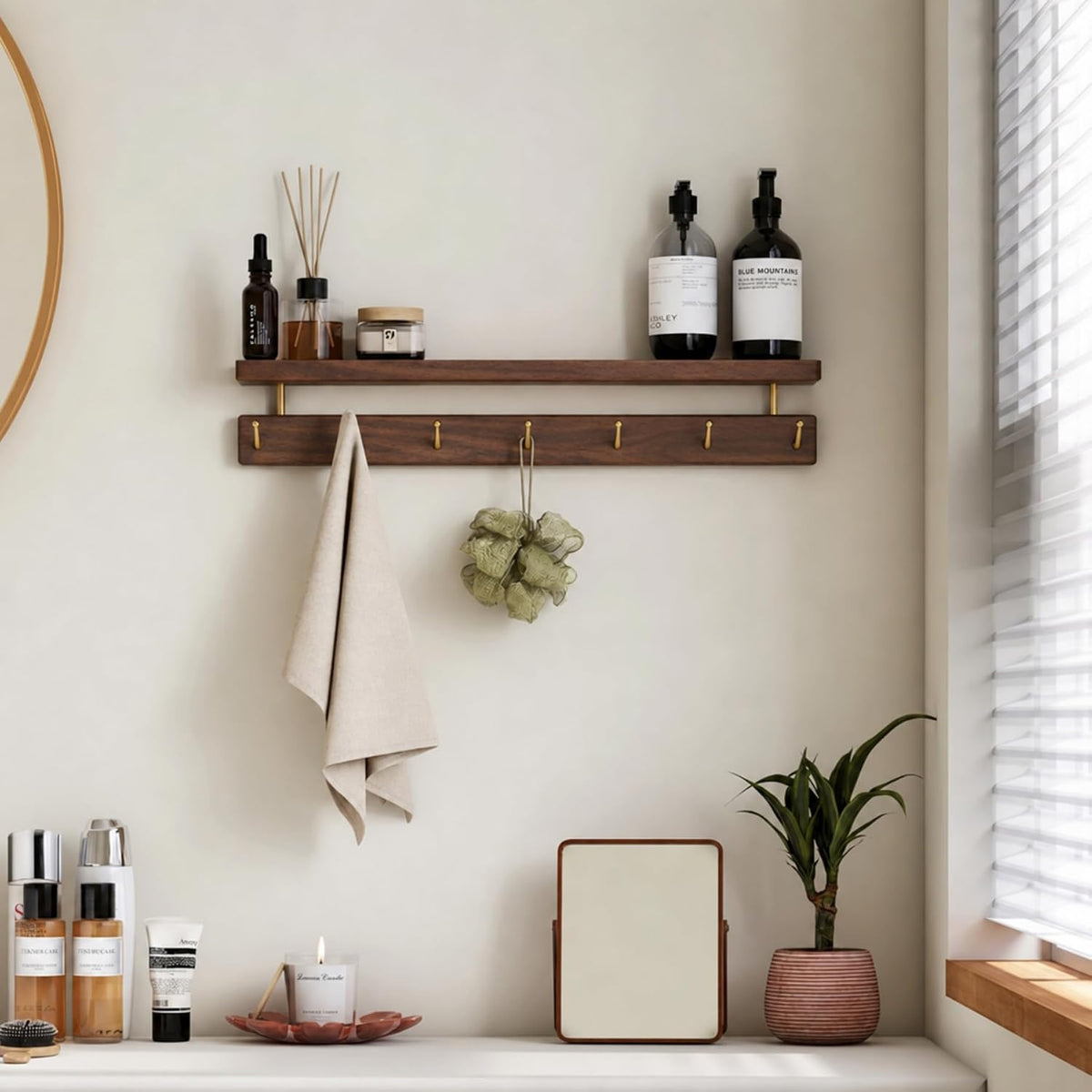 Beech Solid Wood Wall Mounted Coat Rack with Shelf