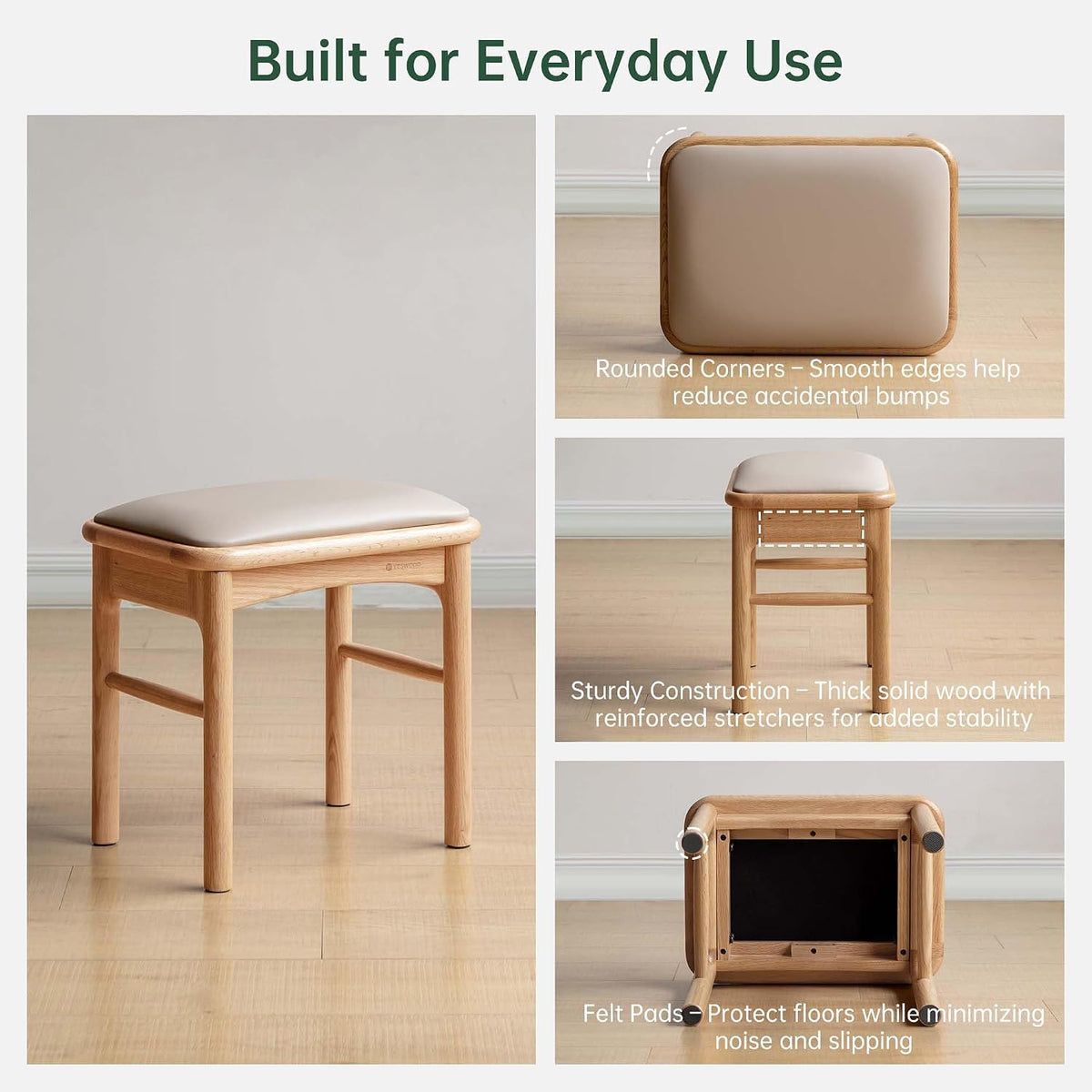 Oak Solid Wood Upholstered Entryway Bench with Matching Stool