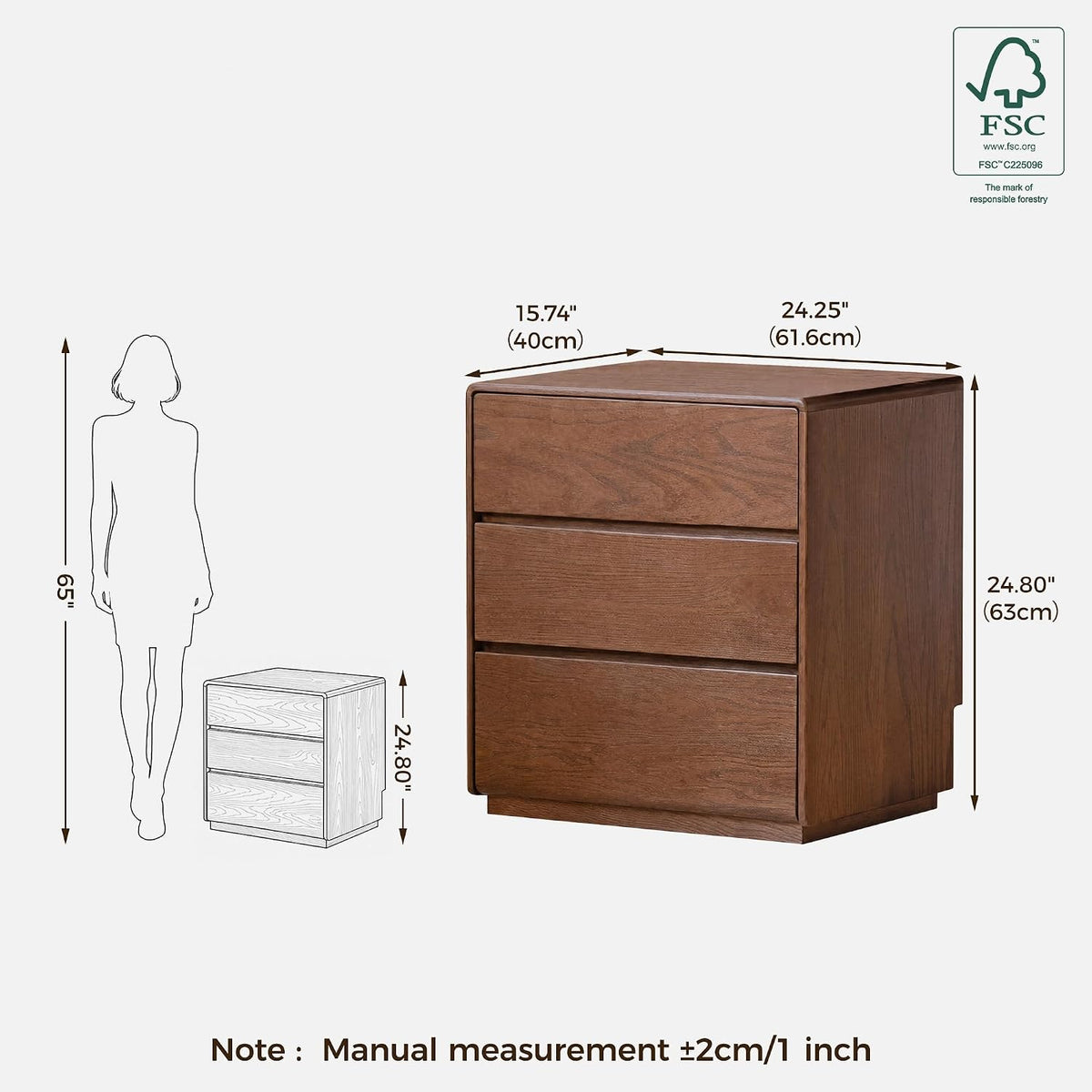 Solid Oak, Rubberwood, Wood Compact 3-Drawer Chest with Small Footprint